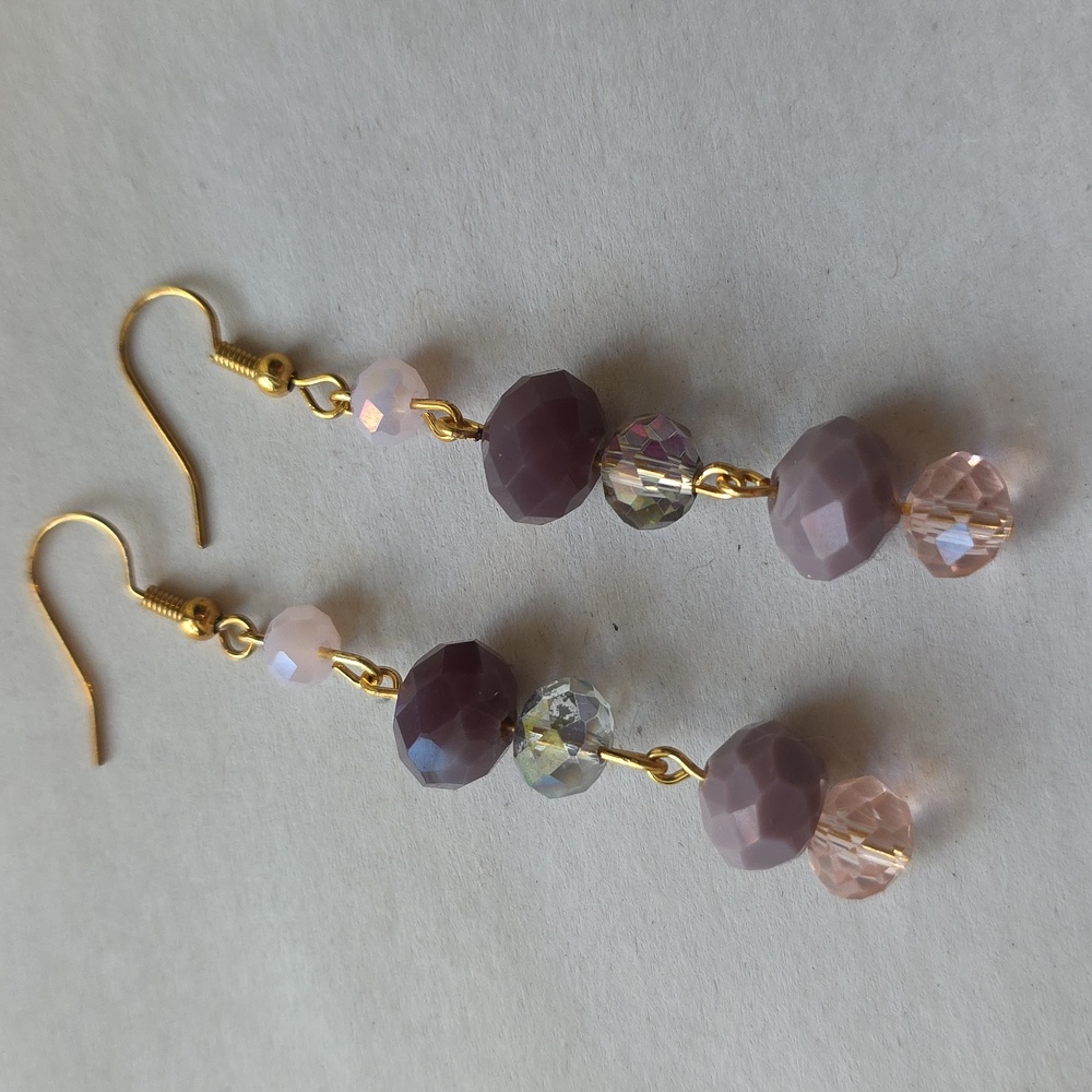Handmade Gold and Purple Beaded Dangle Earrings 18k Gold-Plated